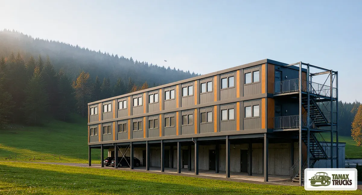 Visualisation of a modular building in autumn mountains