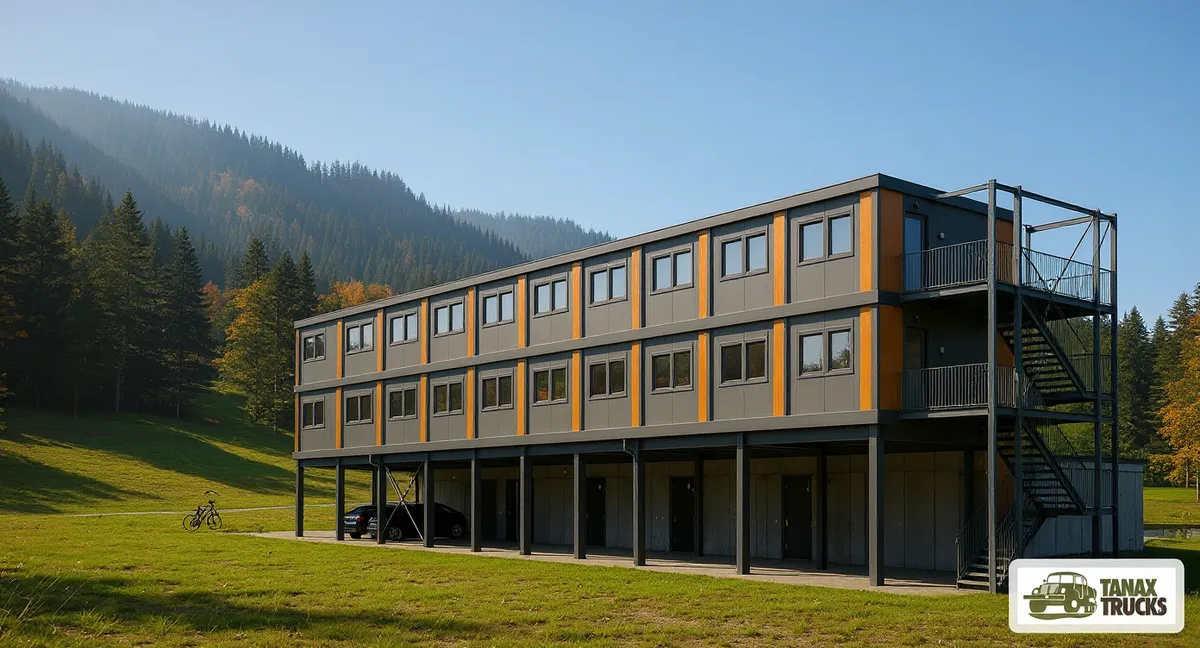 Visualisation of a modular building in an autumn valley