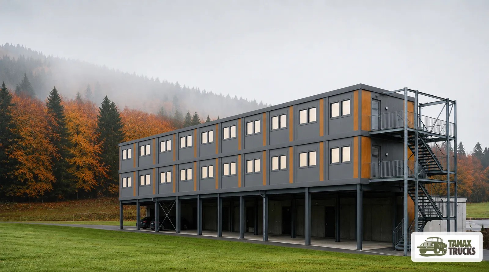 Visualisation of a modular building in a foggy forest