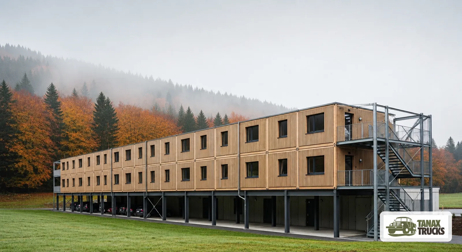 Visualisation of a modular building in a forest