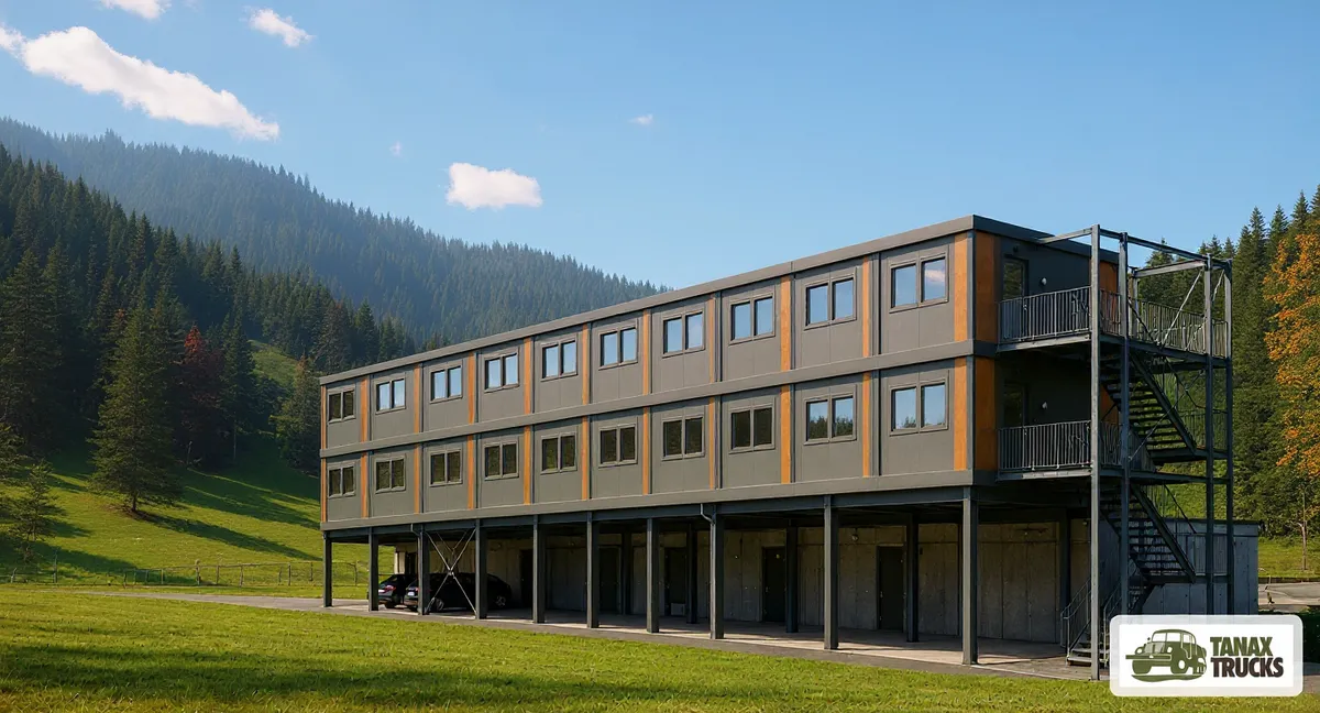 Visualisation of a modular building in a green valley