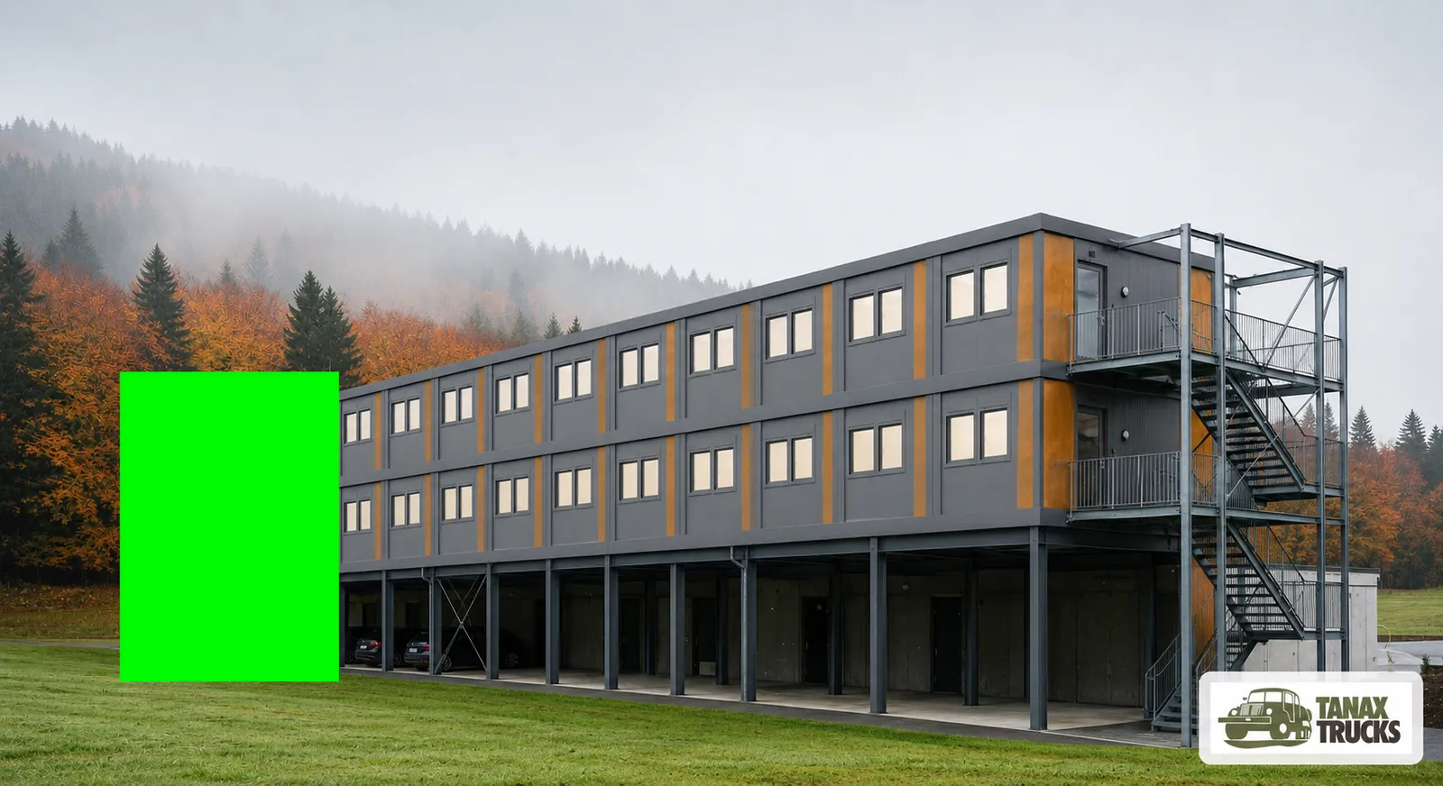 Visualisation of a modular building on a green-screen background