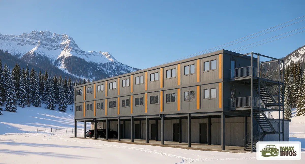 Visualisation of a modular building with mountains behind
