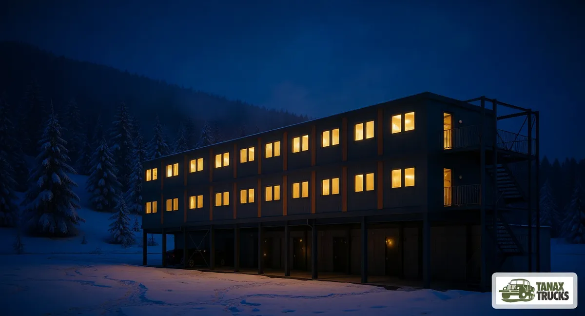 Night visualisation of a modular building with lit windows