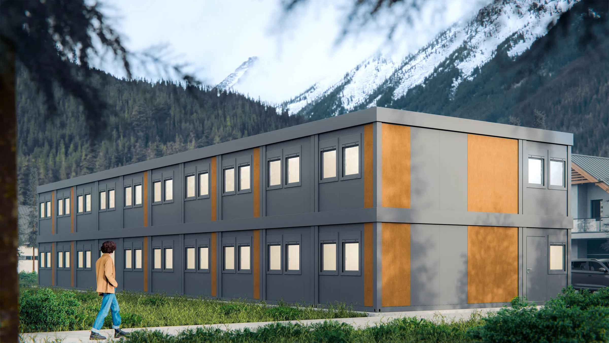 Visualisation of a modular building with a person walking past