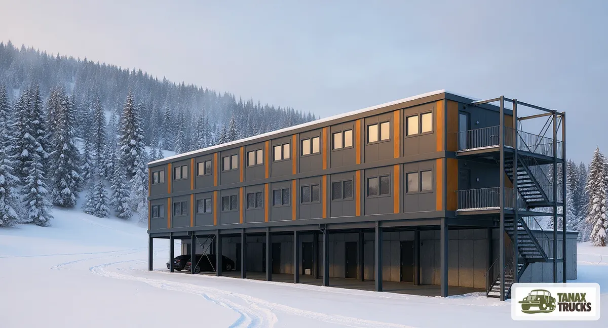 Visualisation of a modular building with snowy mountains