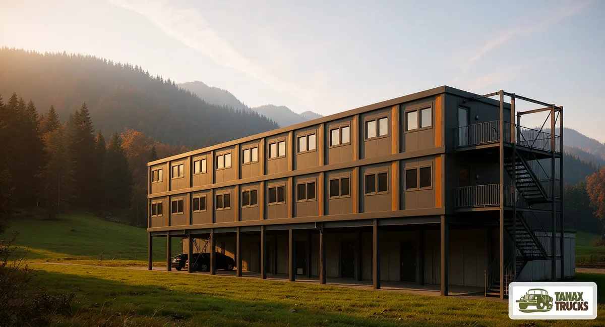 Visualisation of a modular building at sunset in the mountains