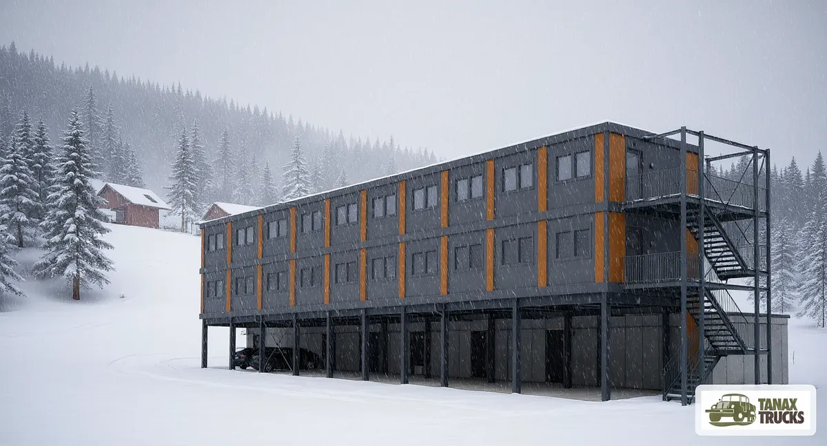 Winter visualisation of a modular building in snow
