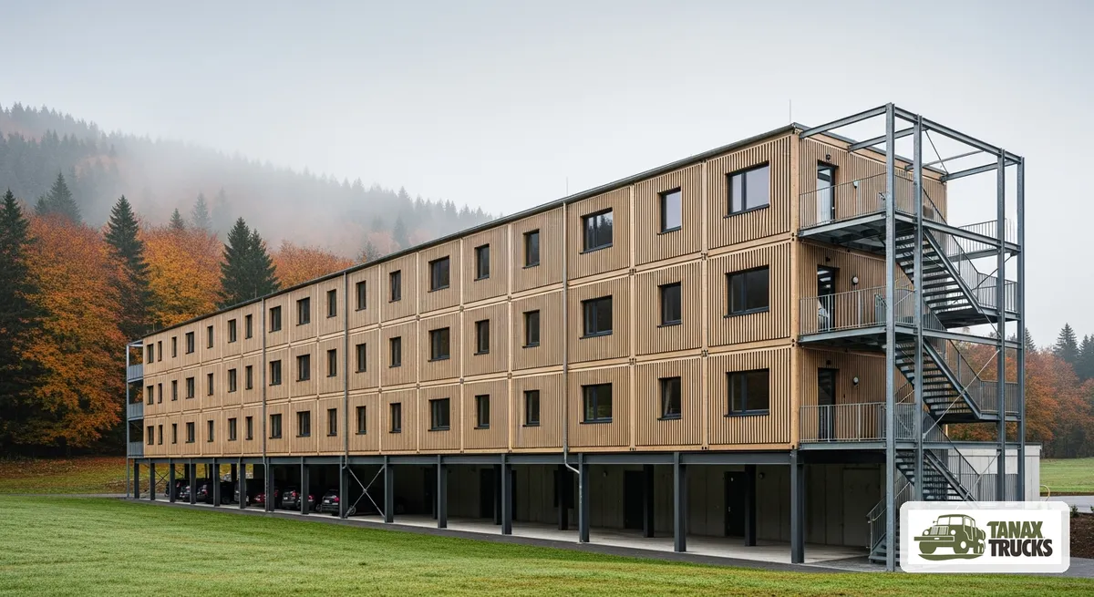 Visualisation of a multi-storey modular staff building in an alpine setting