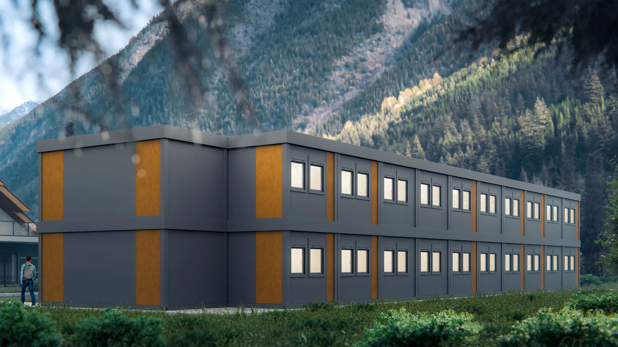 Visualisation of a two-storey modular building in the mountains