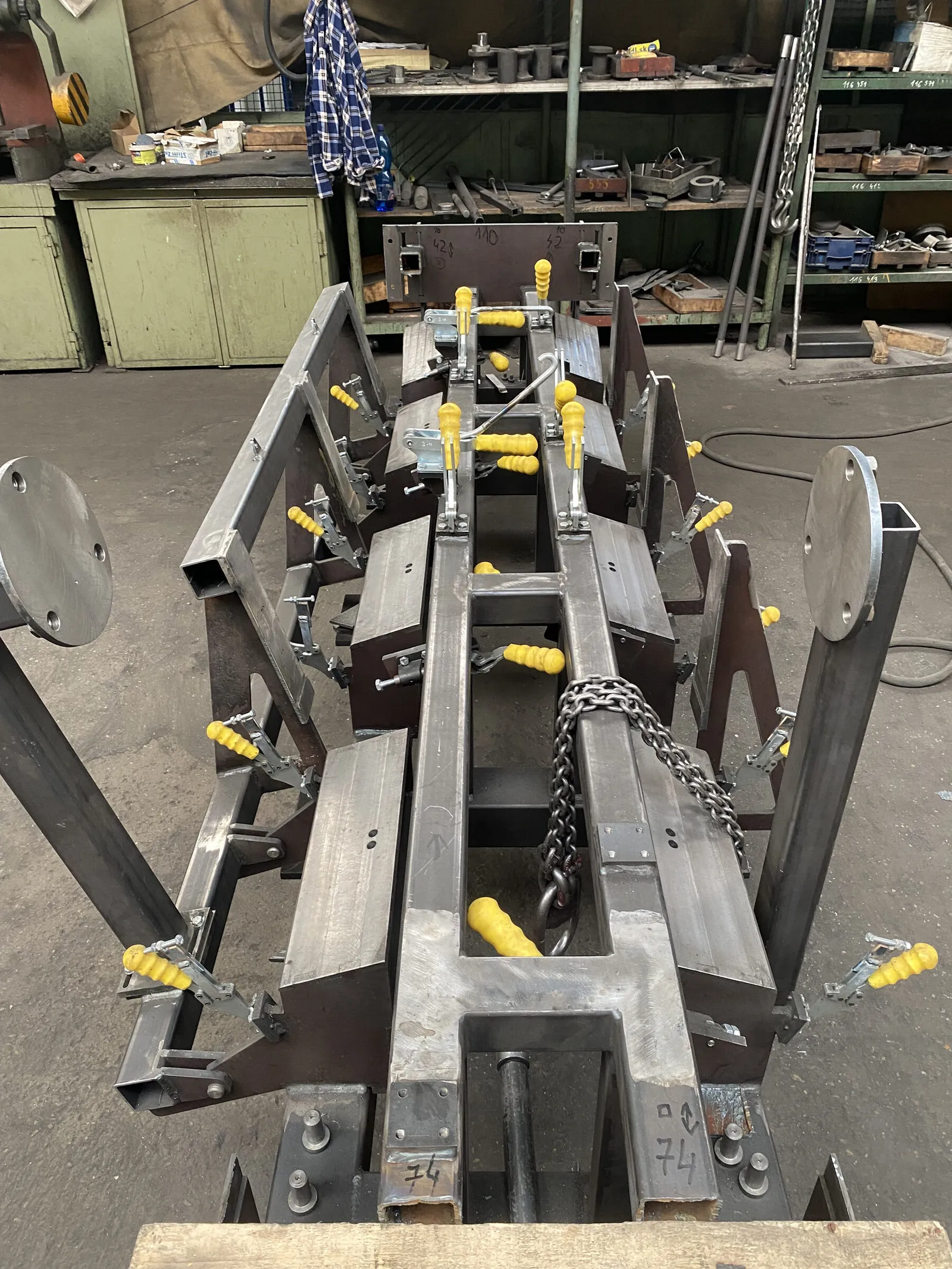 Welding jig with a part clamped, second view