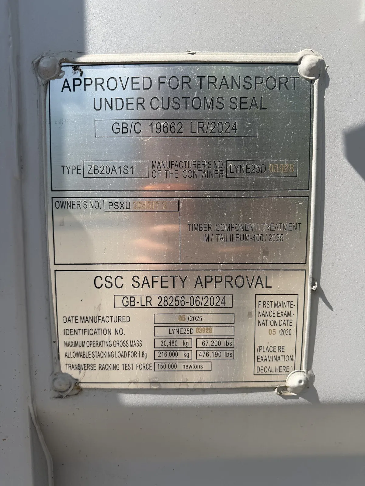 CSC safety approval plate detail on a resort container