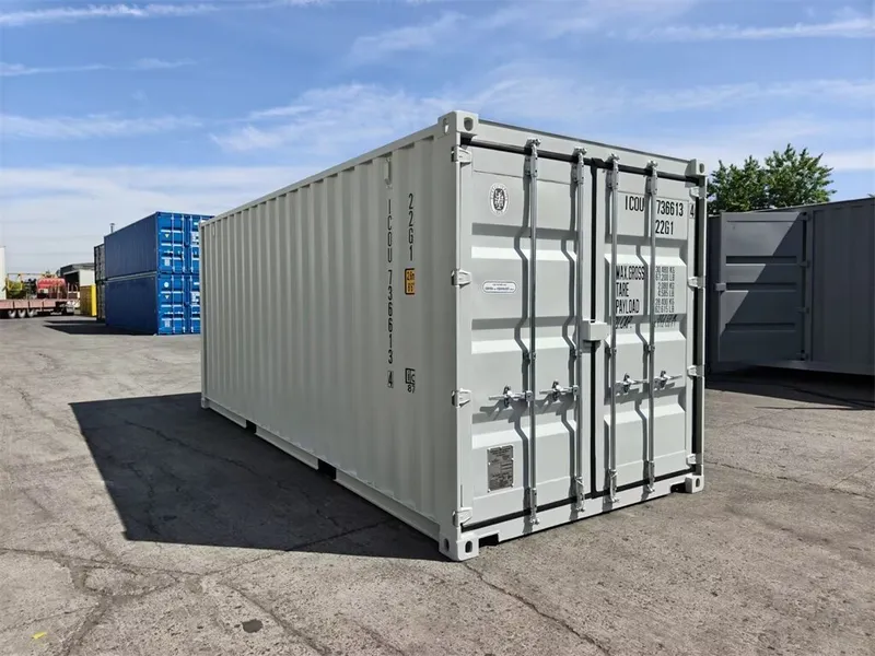 Grauer One-Way-Container 20 ft, seitliche Schrägansicht