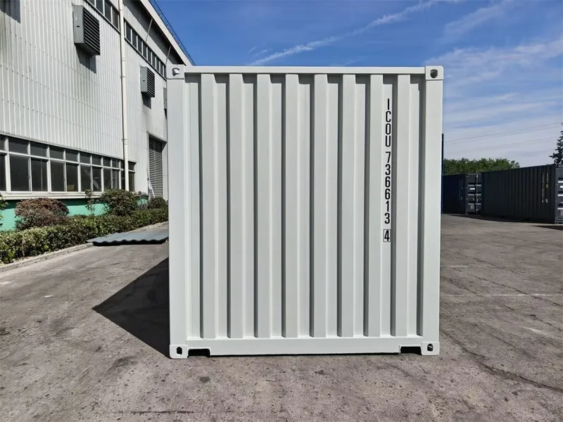 Grauer One-Way-Container 20 ft, Frontansicht außen