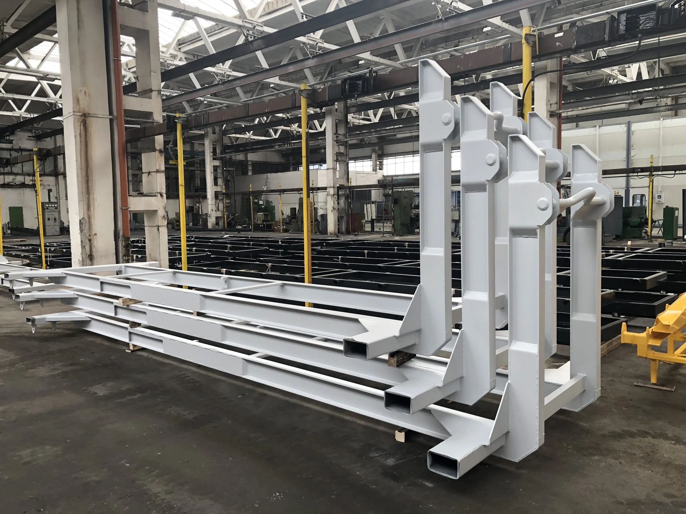Container base frames under fabrication in the factory