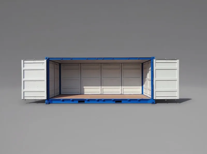 Krämfärgad 20 fots container med sina sidodörrar i full längd öppna, visar interiören och trägolvet