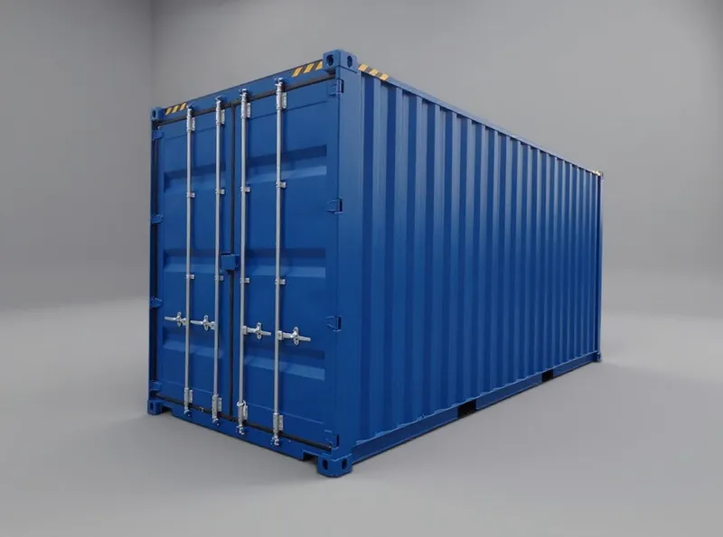 20 fots high cube-container, blå, sedd från dörränden med dörrarna stängda