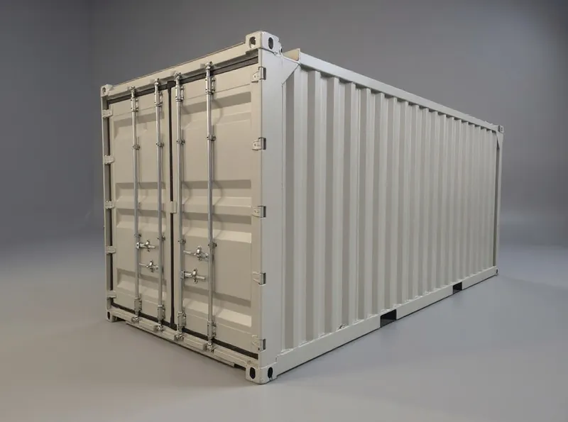 20 fots offshorecontainer, krämfärgad, med förstärkt yttre ram och stängda dörrar