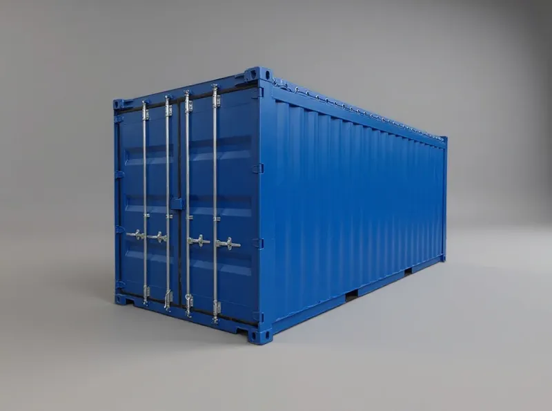 20 fots open top-container, blå, sedd från dörränden med dörrarna stängda