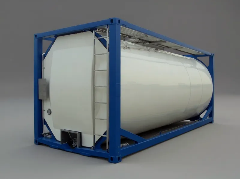Vit cylindrisk tank i en blå stål-ISO-ram med gångbrygga längs toppen