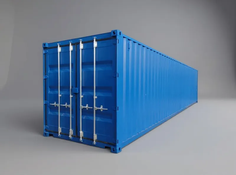 40 fots standard dry van-container, blå, sedd från dörränden med båda dörrarna stängda
