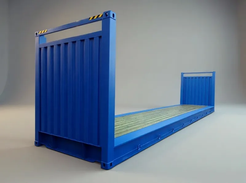 40 fots flat rack-container, blå, ändväggar upprest över ett öppet trädäck