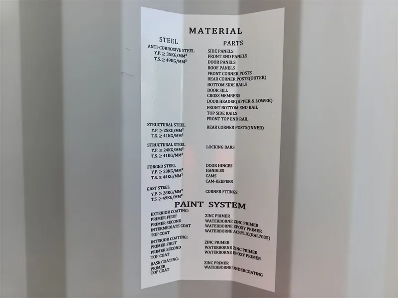 Material- und Lacksystem-Spezifikationsblatt für einen 20-ft-One-Way-Container
