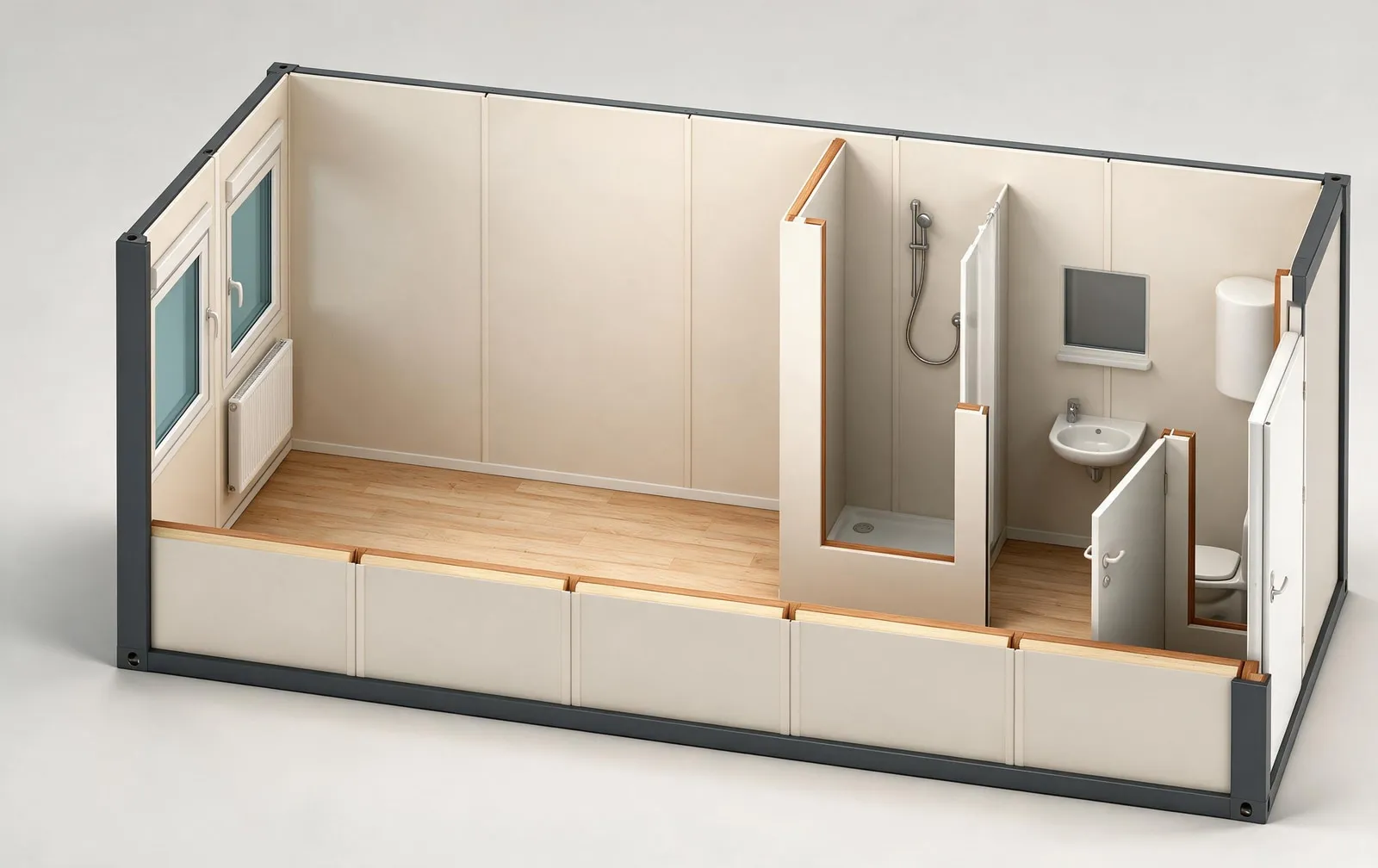 Gennemskåret visualisering af et 20 fods kontormodul med adskilt bruser og toilet i den ene ende