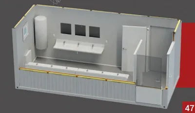 Cutaway visualisation of a sanitary module with basins