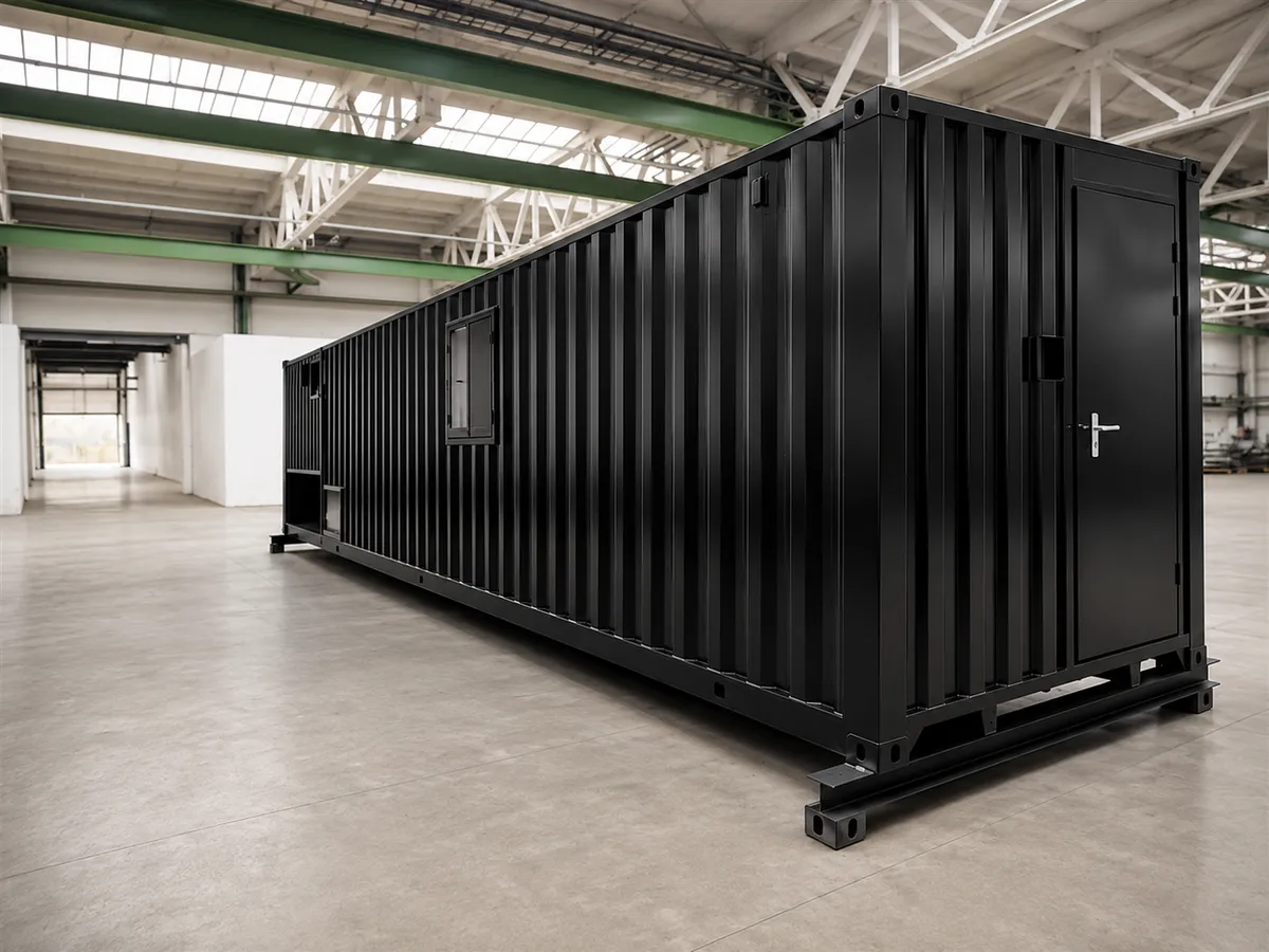 Side of a black training module with windows, in the production hall