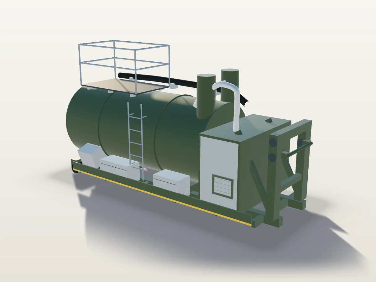 Fecal cistern 12 m³ on a hook-lift frame: the hook-lift vacuum tanker drawn to scale beside a 1.80 m person