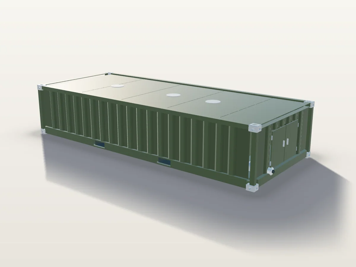 Septic container 20 ft: a half-height ISO container with a built-in wastewater tank, drawn to scale beside a 1.80 m person