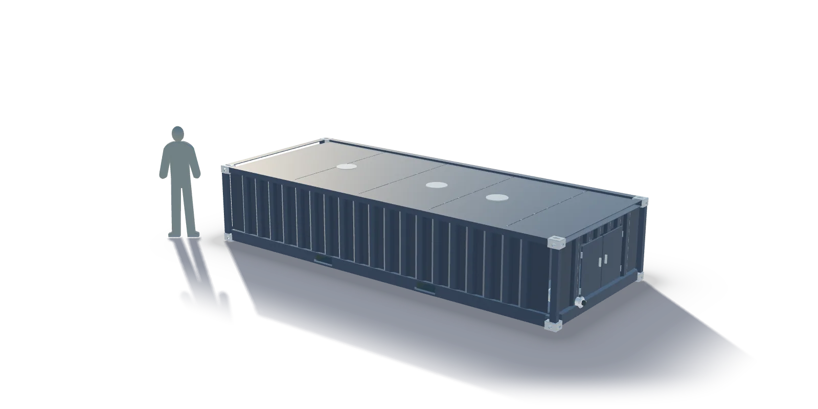 Septic container 20 ft: a half-height ISO container with a built-in wastewater tank, drawn to scale beside a 1.80 m person