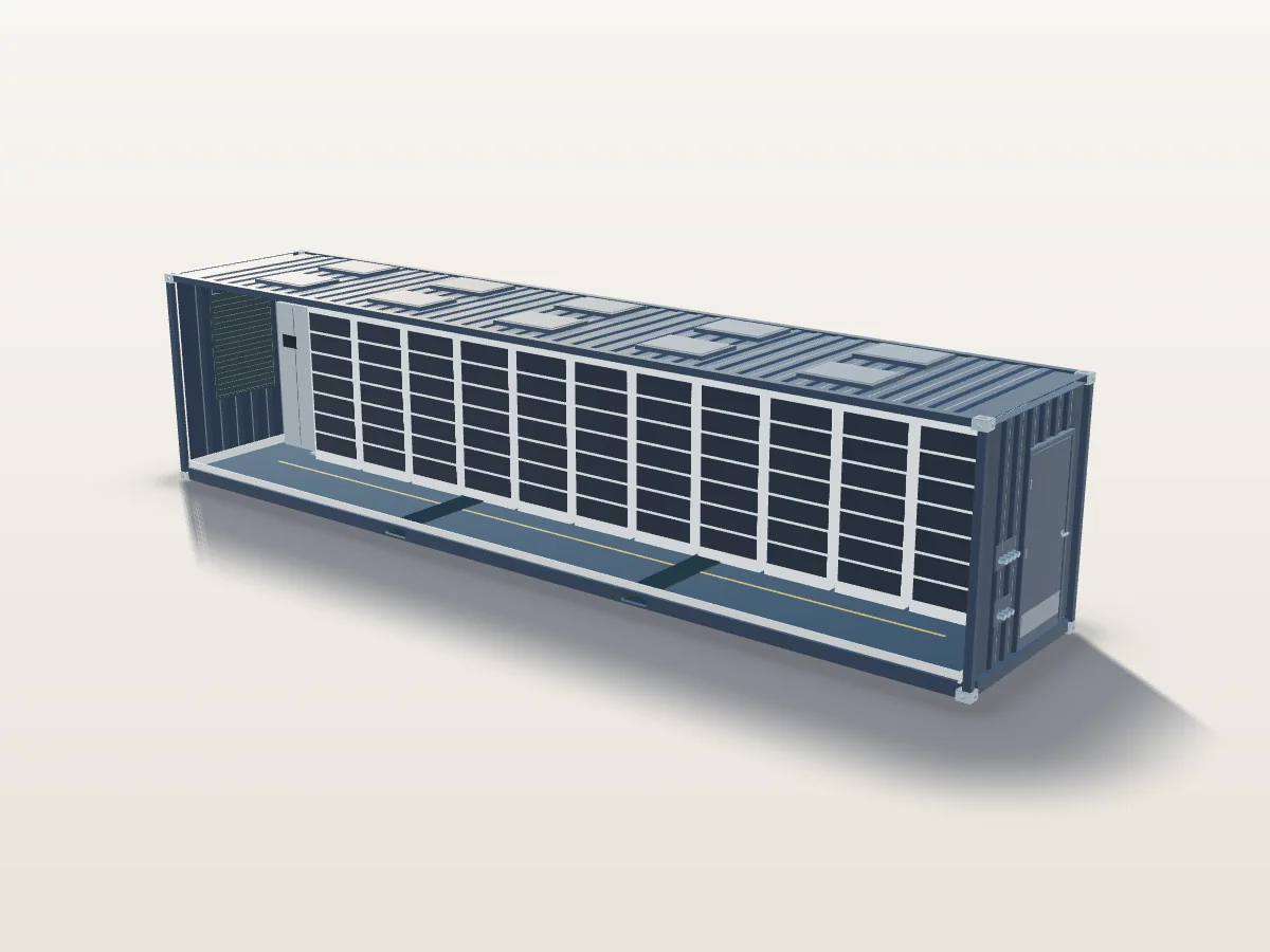 Visualisation of a Tanax BESS container enclosure, cut away to show the floor tray, the rack rows and the deflagration panels, beside a 1.80 m person