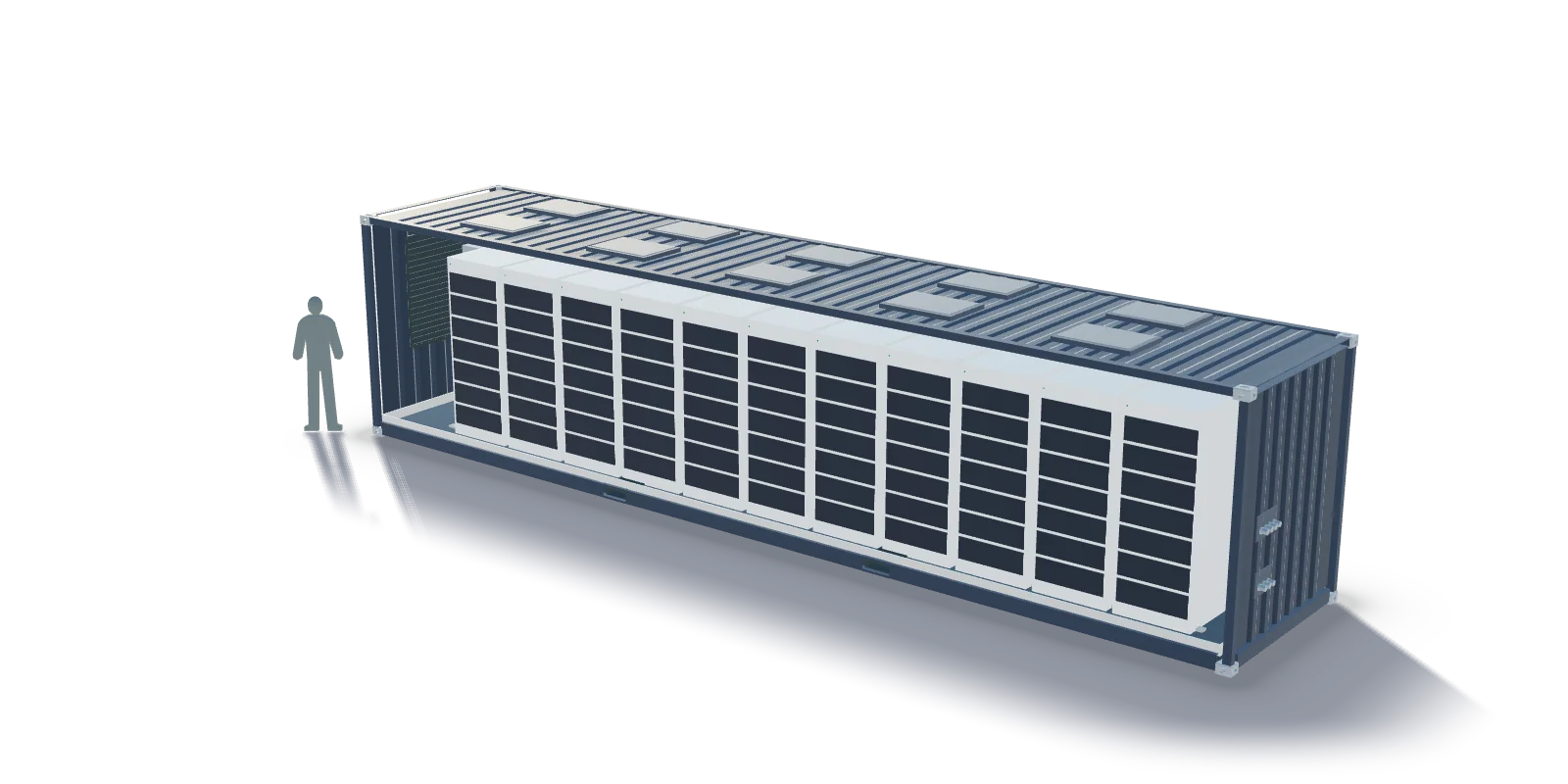 Visualisation of a BESS enclosure in the non-walk-in architecture, with full-length doors along the wall and racks filling the volume