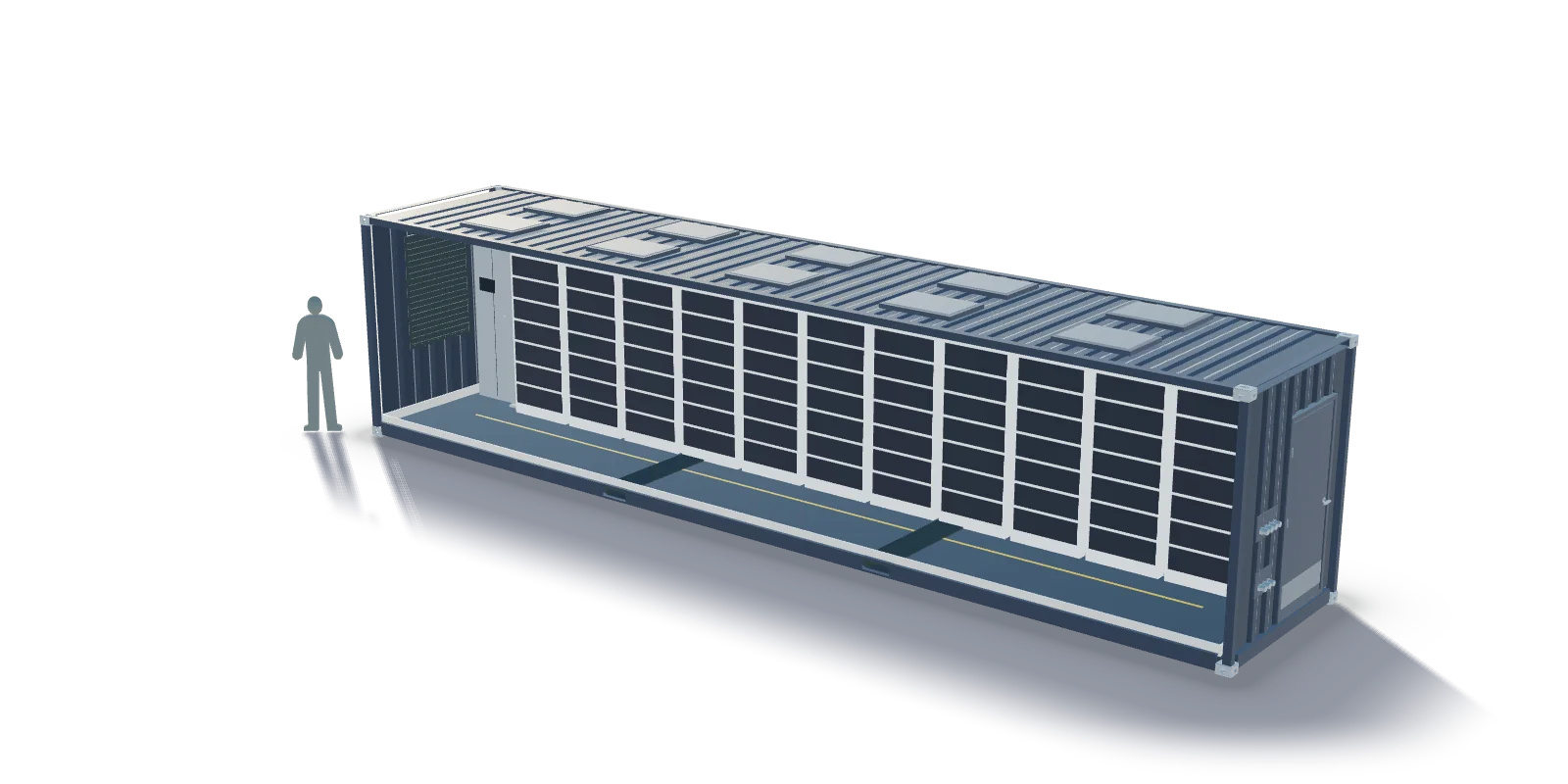 Visualisation of the BESS enclosure's seal-welded floor tray with the anchoring rails, seen through the cutaway