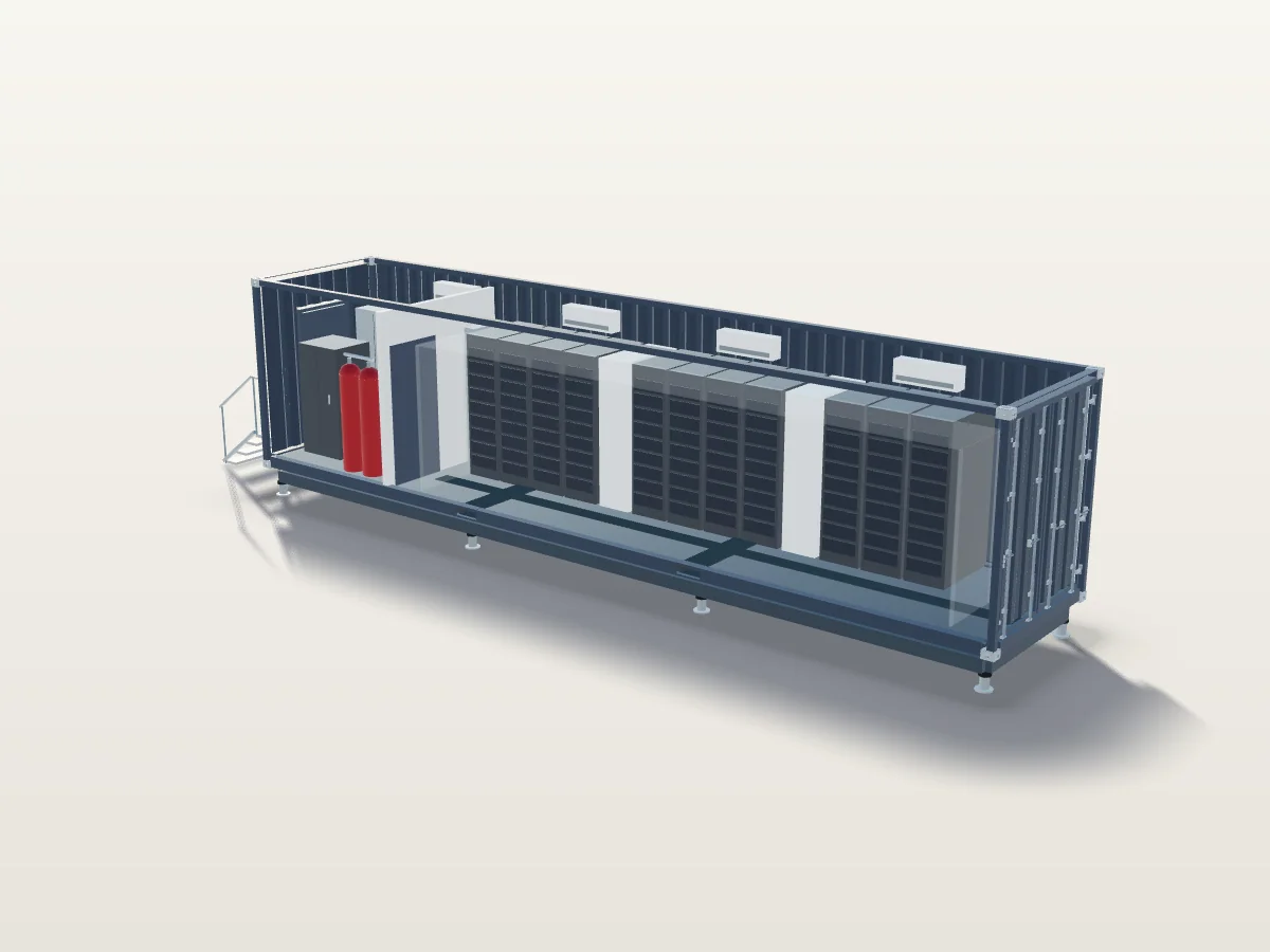 Visualisation of a Tanax containerized data center module, cut away to show the rack rows, the cold aisle and the technical room, beside a 1.80 m person
