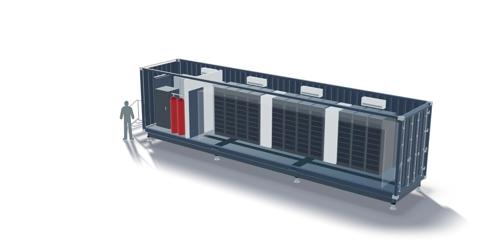 Visualisation du local technique du module de datacenter avec les armoires électriques, en coupe depuis la salle informatique