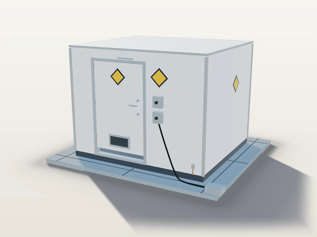 Visualisation of the Tanax fire-rated hazardous materials storage container on a paved pad, beside a 1.80 m person