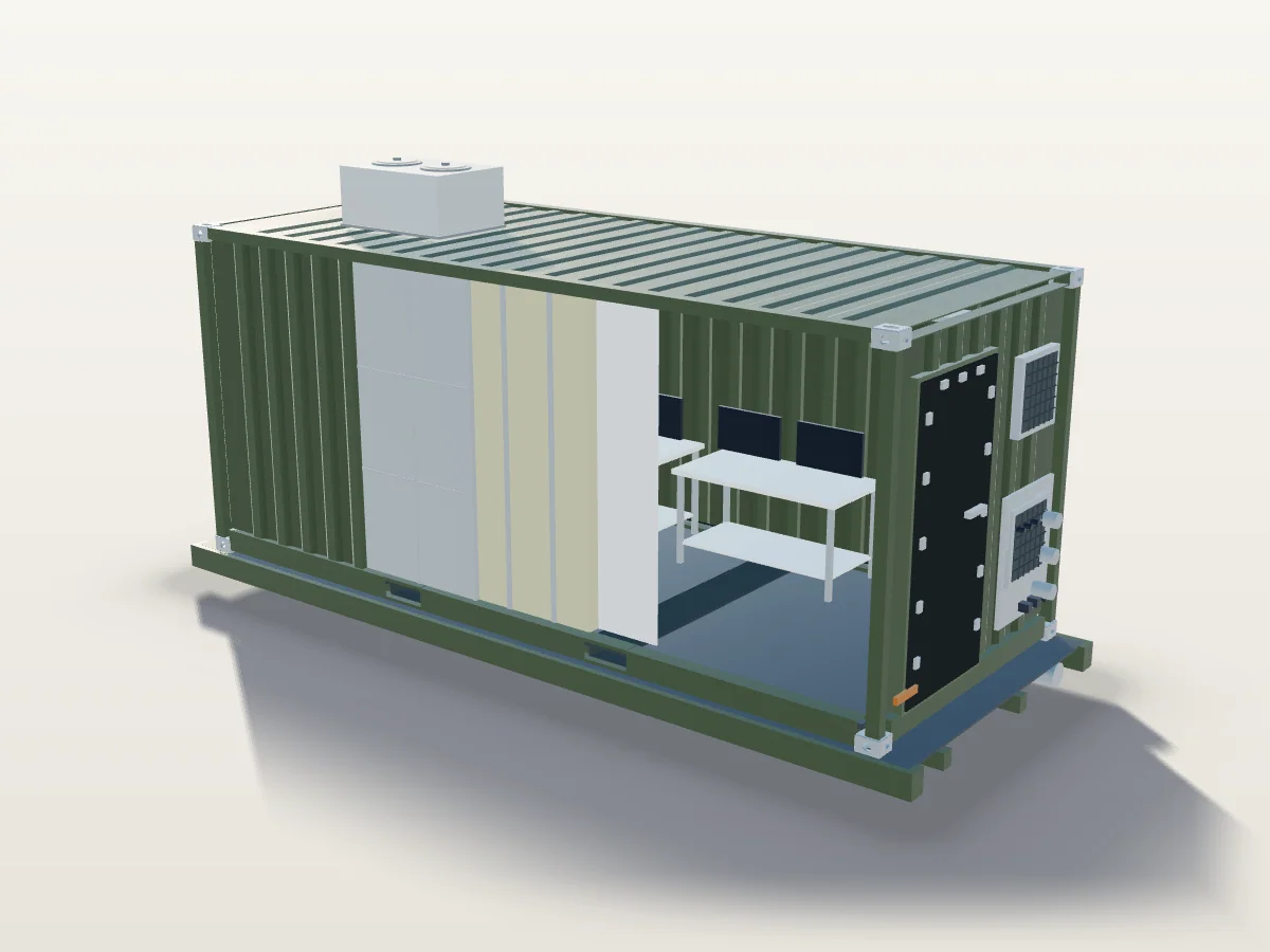 Visualisation of a Tanax shielded military shelter on a hooklift flatrack, cut away in layers to show the welded shield and the interior, beside a 1.80 m person