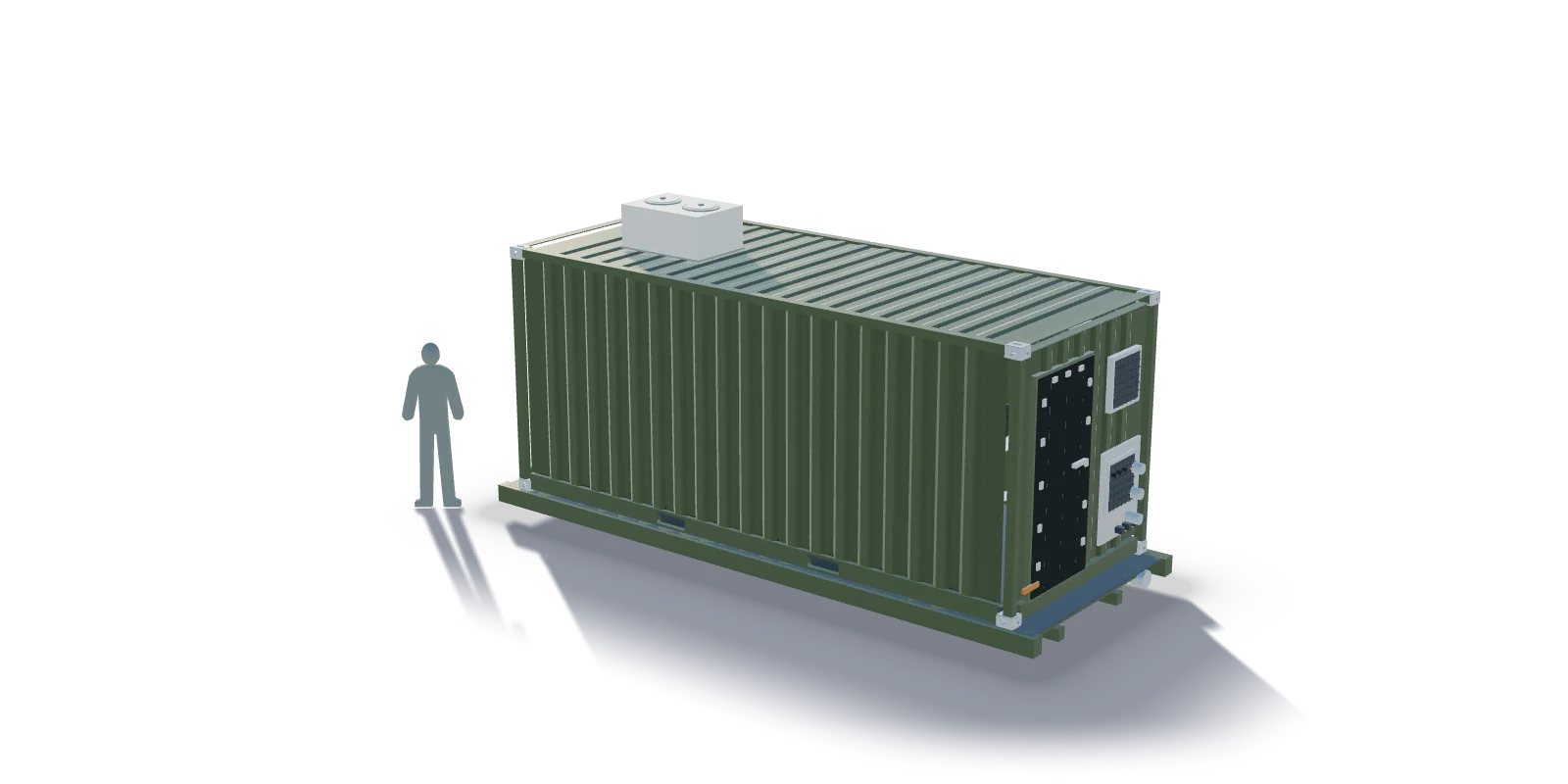 Visualisation of a shelter standing on a hooklift flatrack with the A-frame and the hook bar