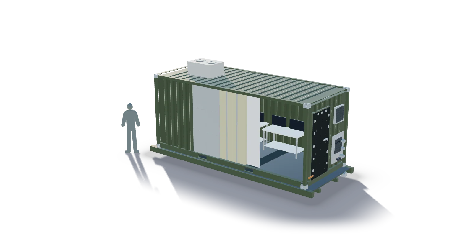Visualisation of a Tanax shielded military shelter on a hooklift flatrack, cut away in layers to show the welded shield and the interior, beside a 1.80 m person